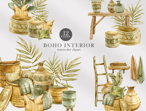 Watercolor Boho Interior Decor Clipart