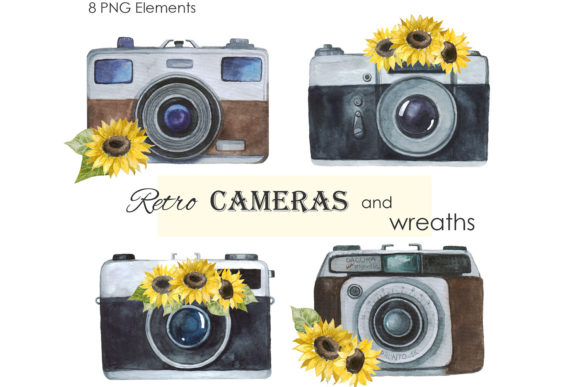 Watercolor Clipart. Camera and Sunflower