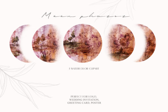 Watercolor Moon Phases Clipart. Abstract