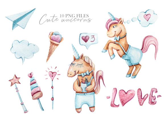 Watercolor Valentine Day Unicorn Clipart
